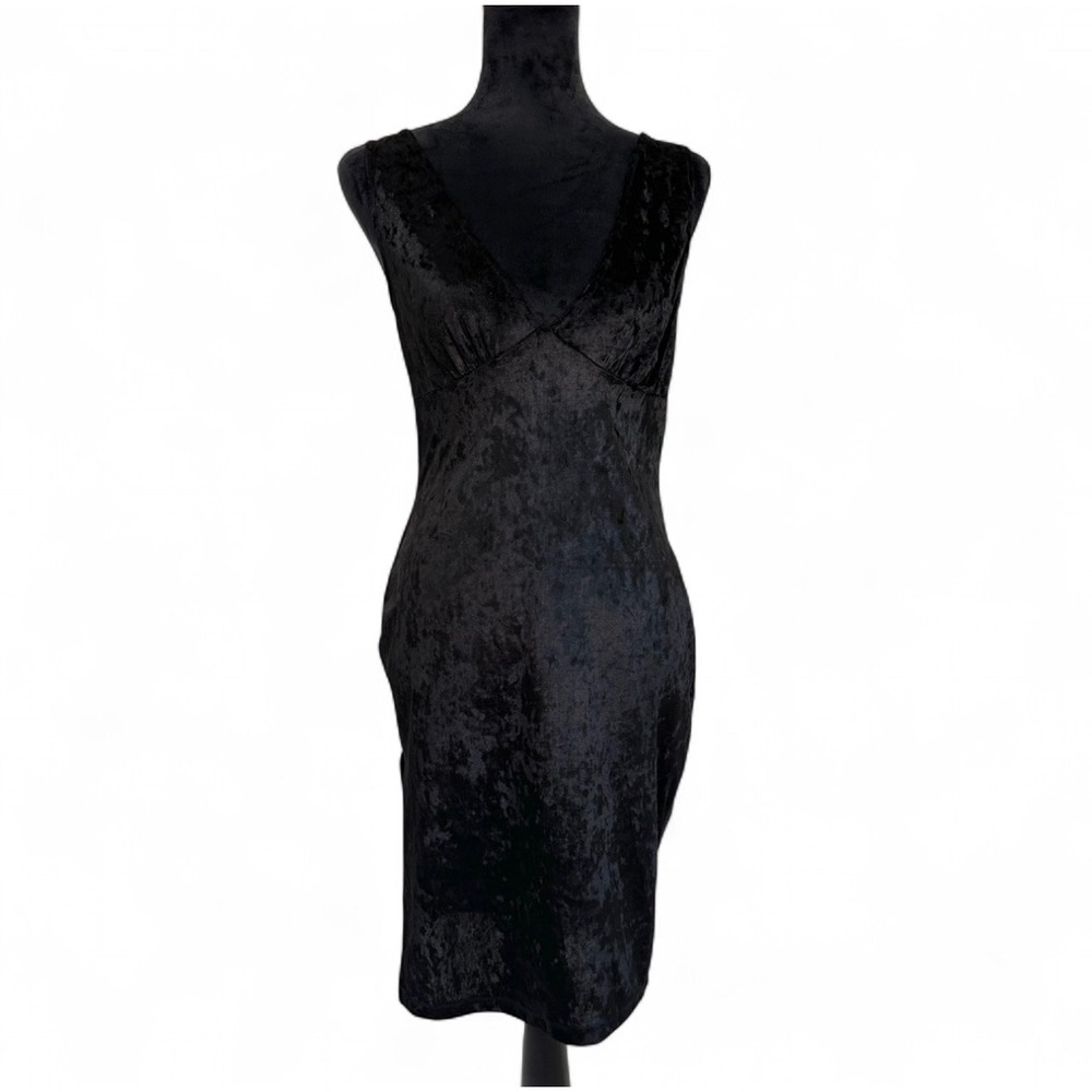 Seduction Vtg Black Velvet Bodycon Low V-Neck‎ Dress Leg Slit Sexy Emo Goth L